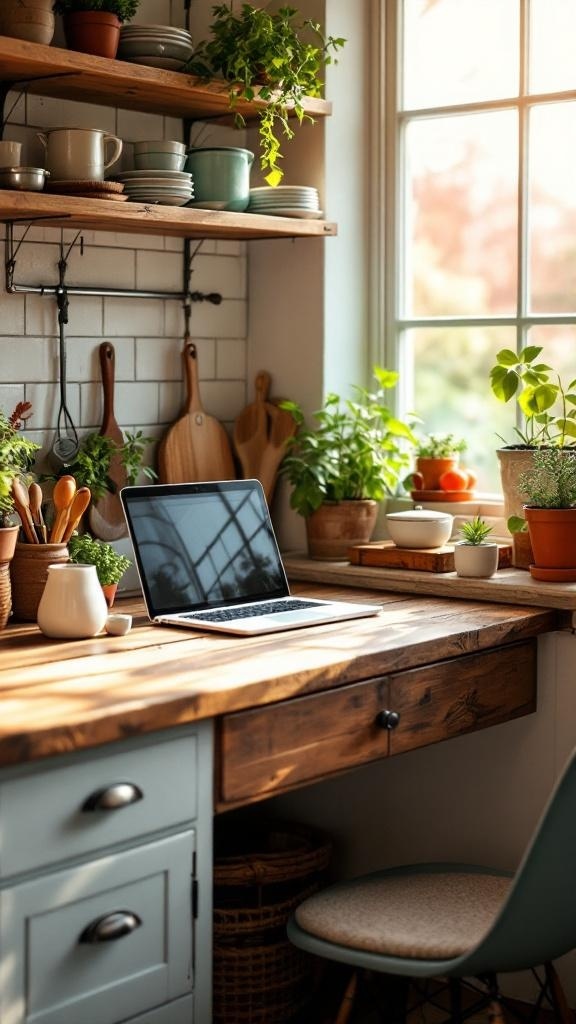 A rustic kitchen desk with a laptop, plants, and wooden shelves.