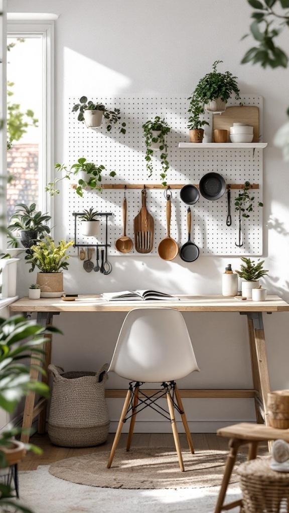 Scandinavian kitchen desk with pegboard wall and plants