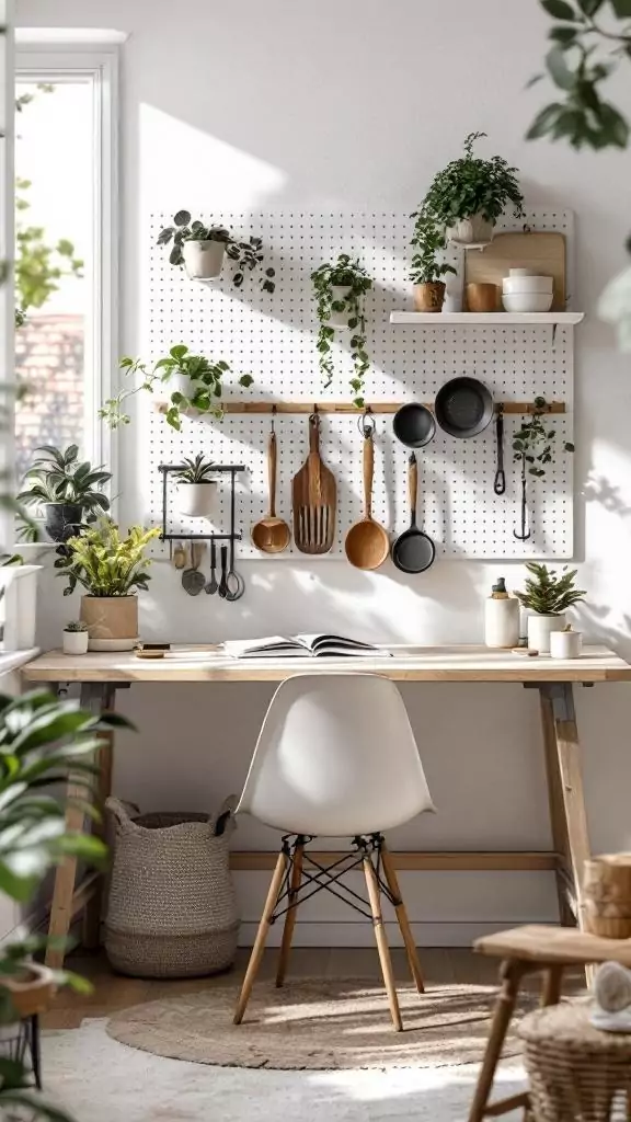 Scandinavian kitchen desk with pegboard wall and plants