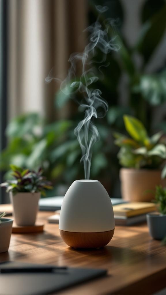 A diffuser releasing steam in a cozy office setting with plants.