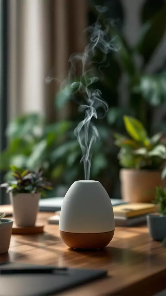 A diffuser releasing steam in a cozy office setting with plants.