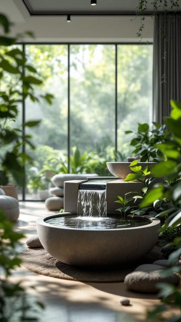 A serene office space featuring a water fountain surrounded by greenery.