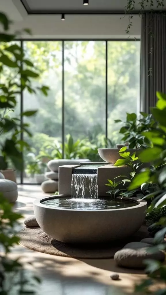 A serene office space featuring a water fountain surrounded by greenery.