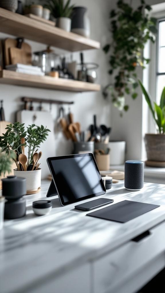 A modern kitchen desk setup with tech accessories like a tablet, smartphone, and smart speaker on a marble countertop.