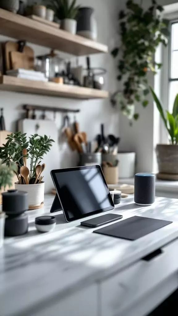 A modern kitchen desk setup with tech accessories like a tablet, smartphone, and smart speaker on a marble countertop.