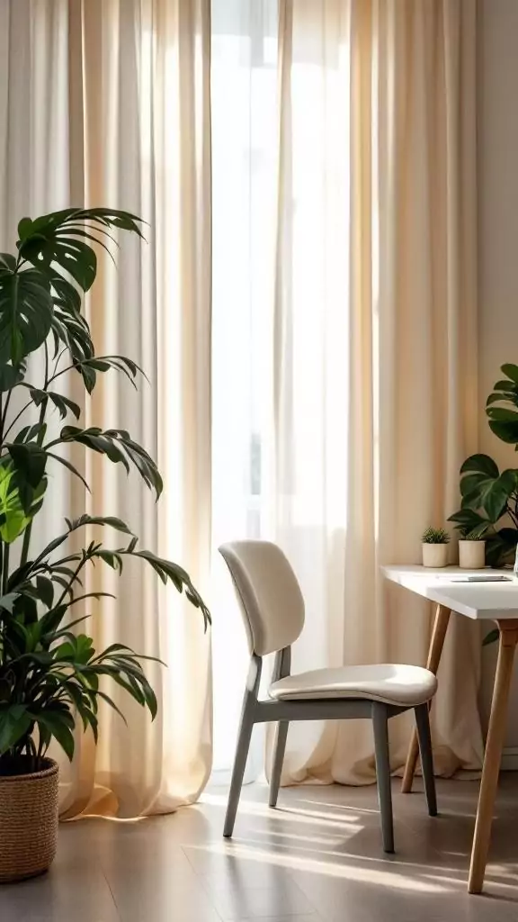 A soft curtain divider in a calm office space with plants and a chair.