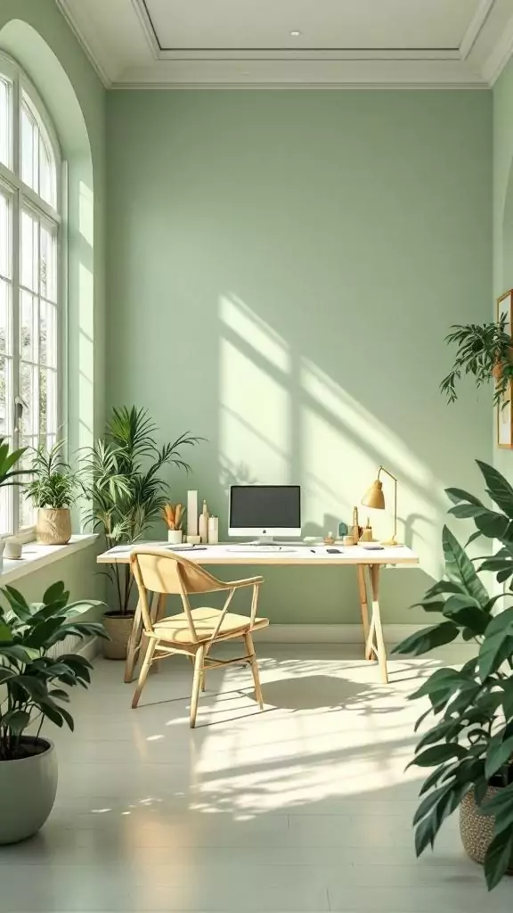 A serene office space with soft green walls, a wooden desk, and plants.