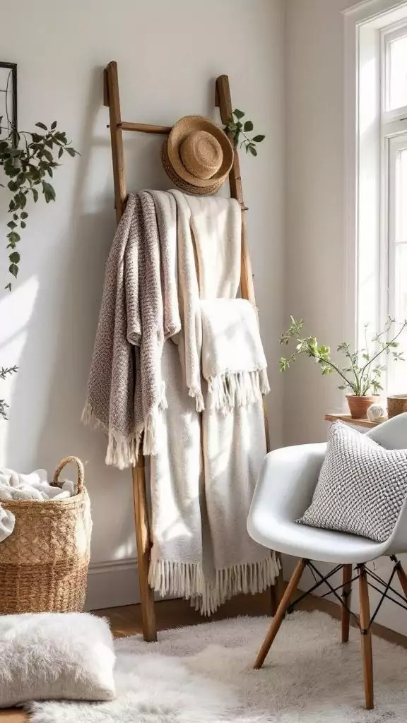 A cozy office corner featuring a blanket ladder with soft textiles, a hat, and plants.