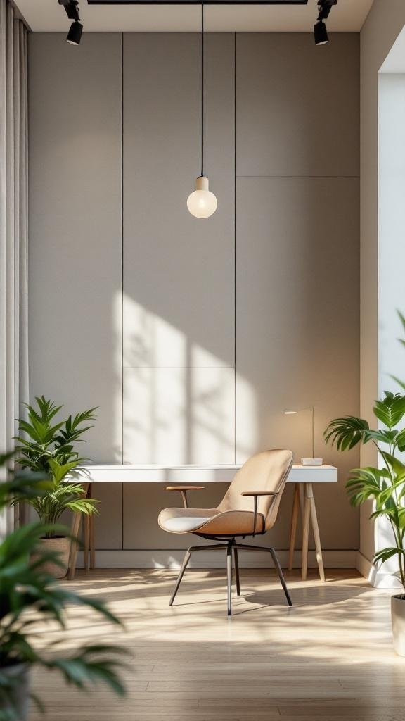 A serene office space featuring acoustic wall panels, a stylish chair, and plants.