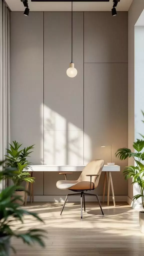 A serene office space featuring acoustic wall panels, a stylish chair, and plants.
