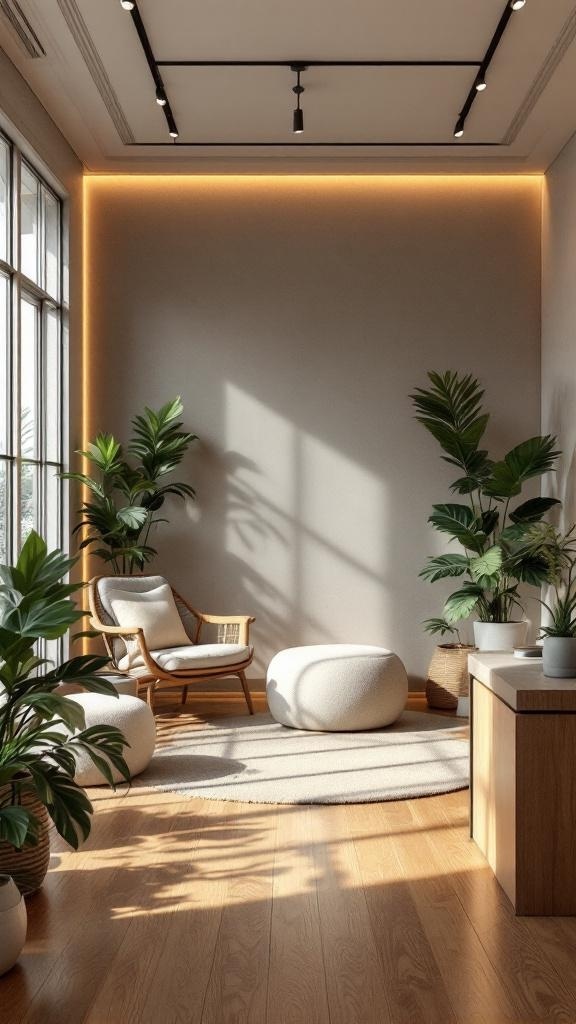 A serene office space featuring natural materials, plants, and soft textures.