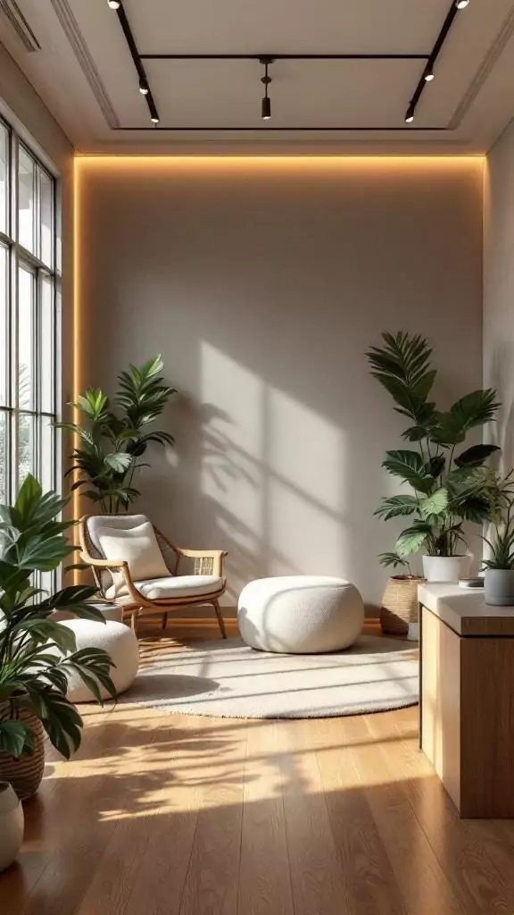 A serene office space featuring natural materials, plants, and soft textures.