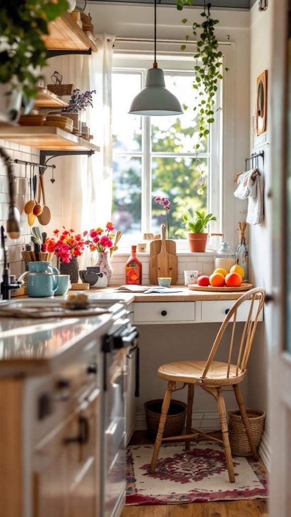 A cozy kitchen desk area featuring a small desk with acrylic accessories, plants, and colorful kitchen items.