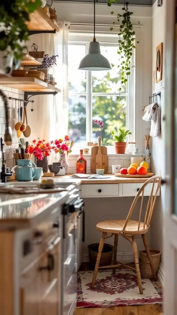 A cozy kitchen desk area featuring a small desk with acrylic accessories, plants, and colorful kitchen items.