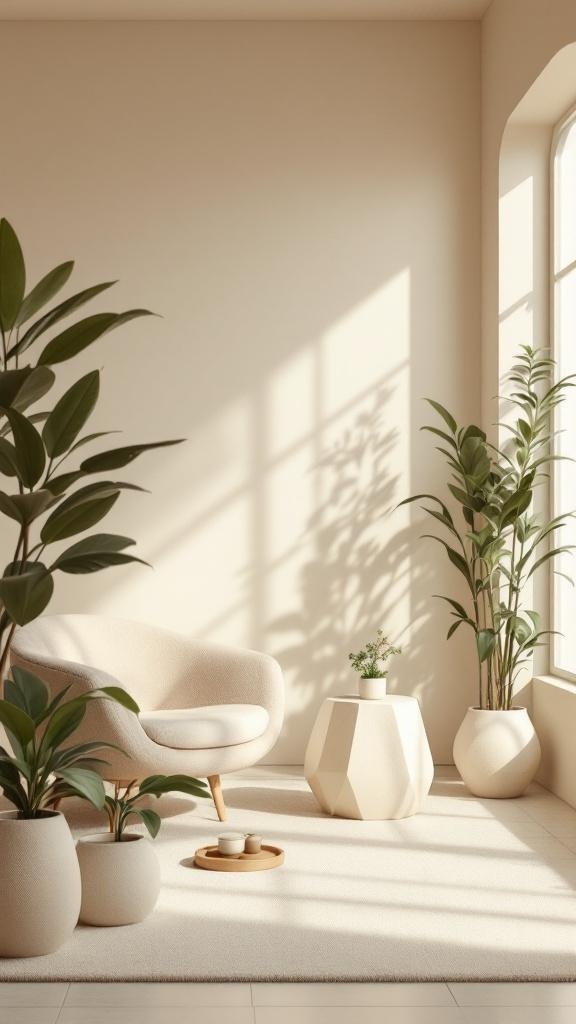 A serene office space featuring beige tones, organic-shaped furniture, and indoor plants.