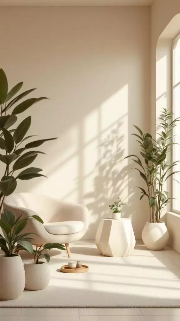 A serene office space featuring beige tones, organic-shaped furniture, and indoor plants.