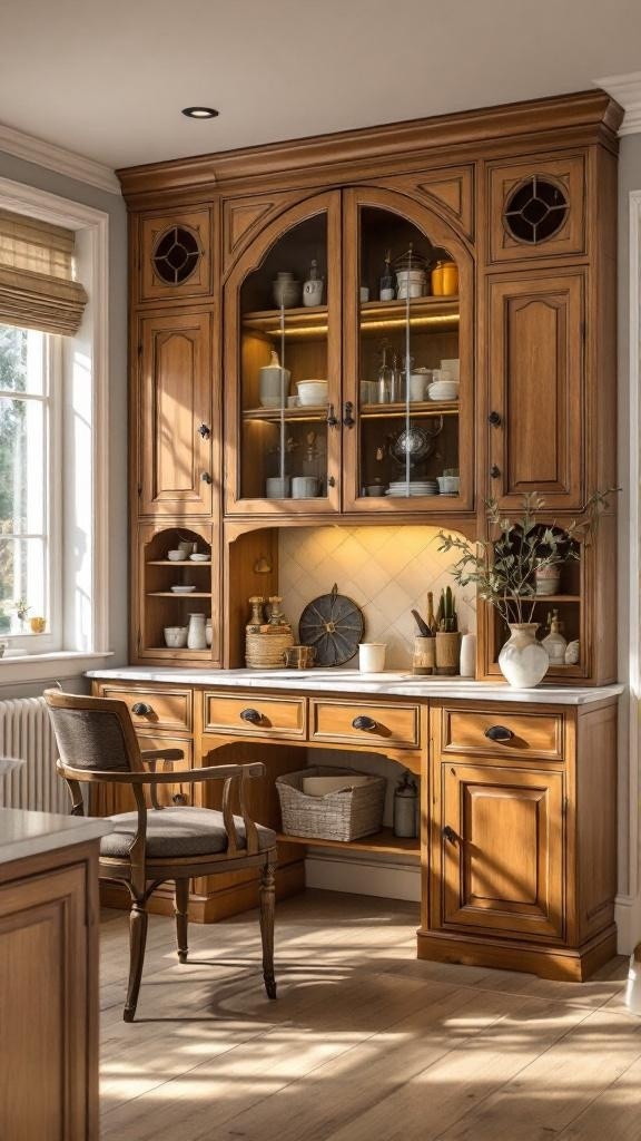 Traditional kitchen desk with arched cabinetry and a cozy chair.