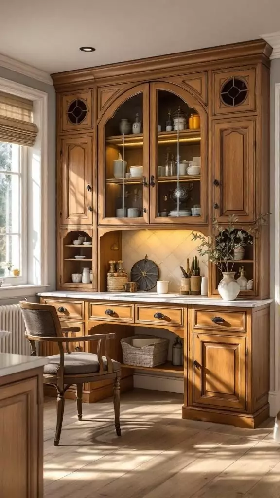 Traditional kitchen desk with arched cabinetry and a cozy chair.