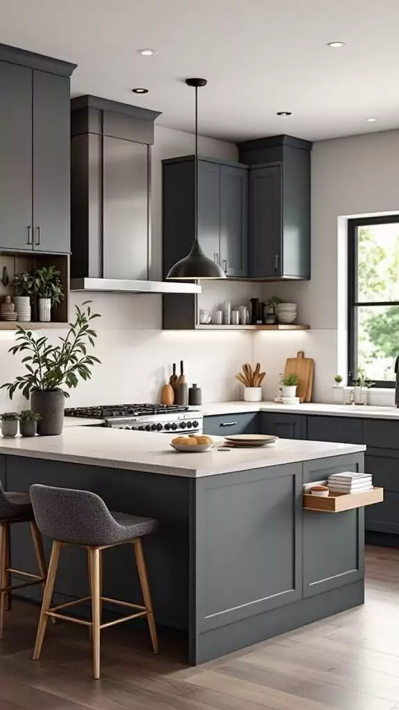 U-shaped kitchen featuring a desk peninsula with modern decor and appliances.