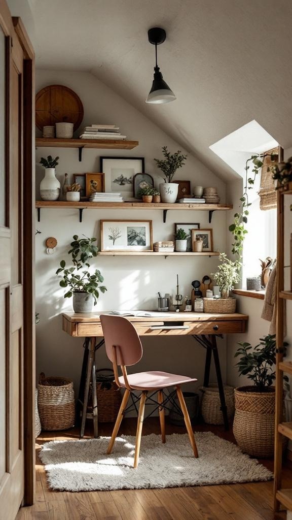 A stylish under-the-stairs kitchen desk with wooden shelves, plants, and a pink chair.