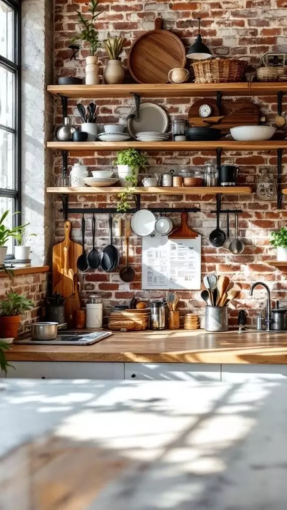 Urban kitchen desk with exposed brick wall and wooden cabinets.