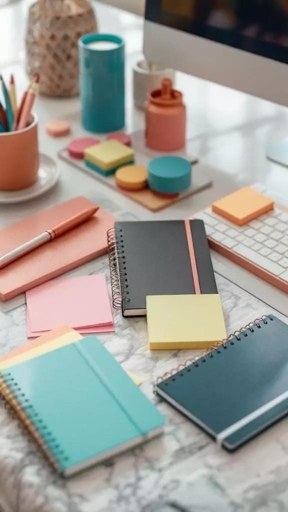 A colorful assortment of stationery items including notebooks, pens, and sticky notes arranged neatly on a desk.