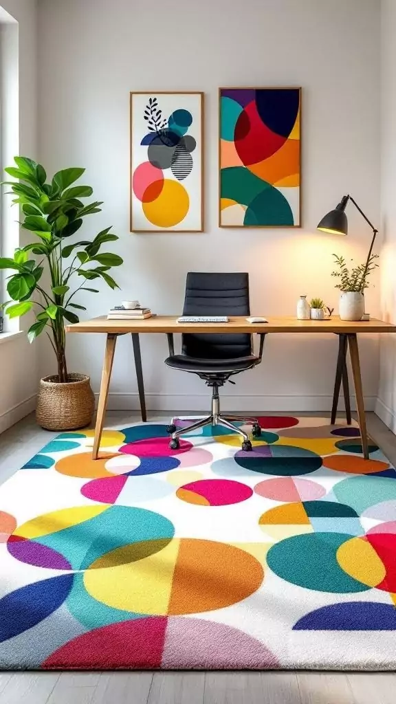 A modern office space featuring a geometric area rug, desk, and plants.