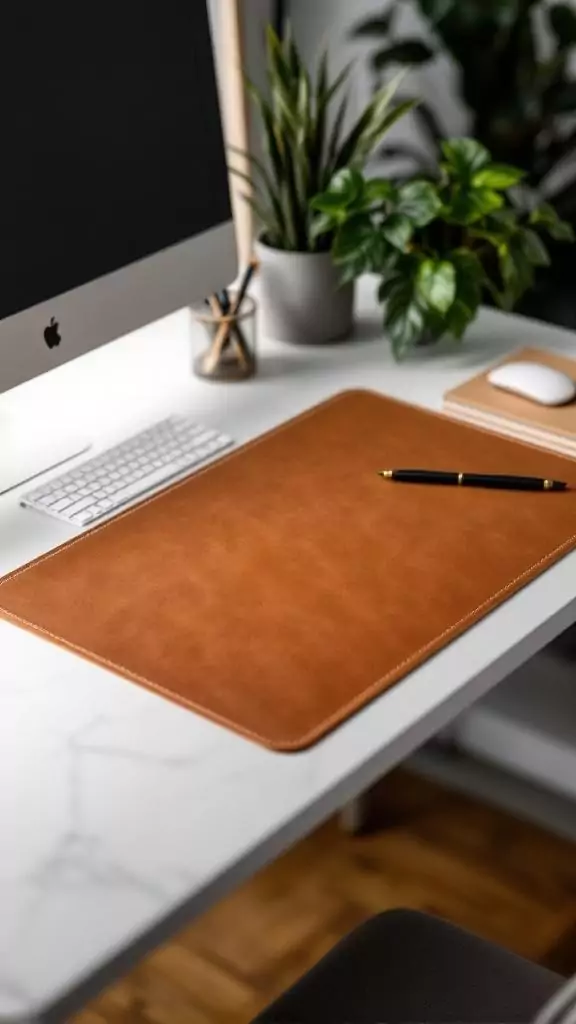 A stylish leather desk pad in earth tones on a wooden desk with plants and a framed quote.