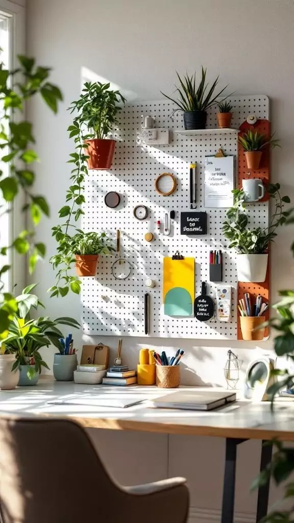 A pegboard organizer with plants and office supplies in a bright workspace.