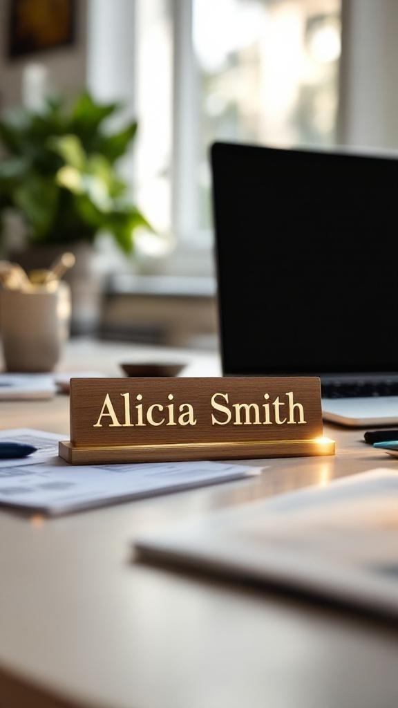 A stylish office desk with a personalized nameplate, laptop, and plants.