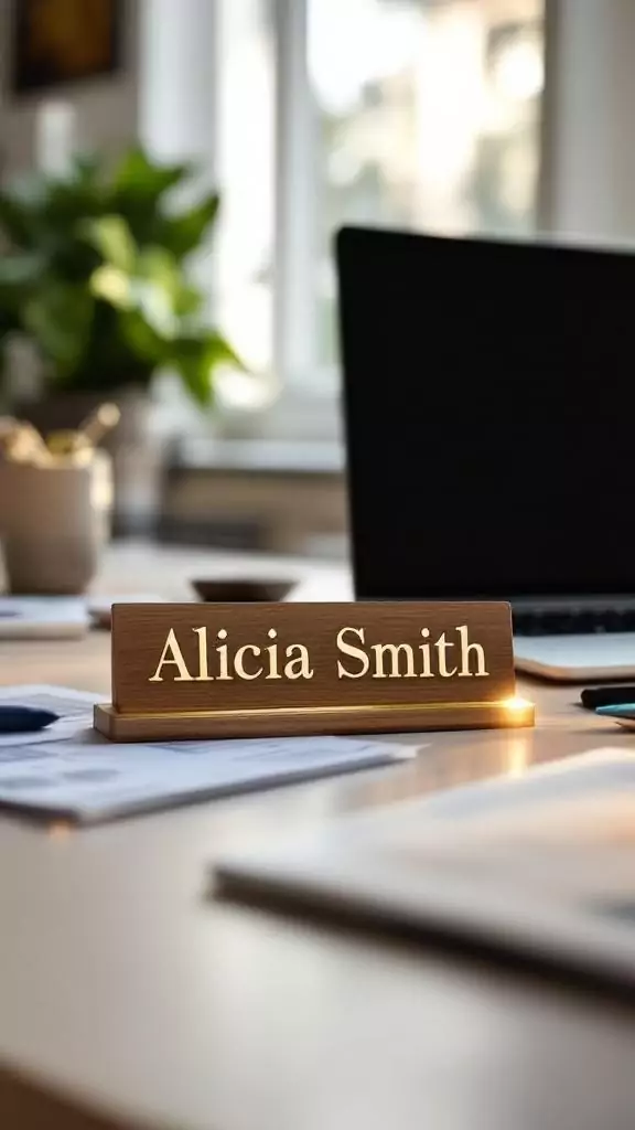 A stylish office desk with a personalized nameplate, laptop, and plants.
