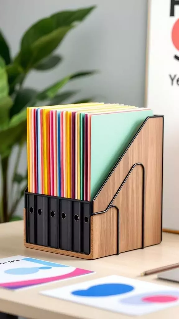 A vertical desktop file riser with colorful folders on a wooden desk.