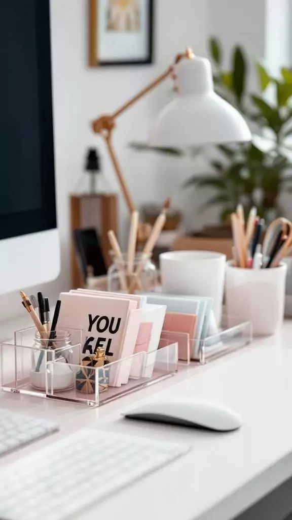 A neat office desk featuring clear acrylic organizers filled with stationery and documents.