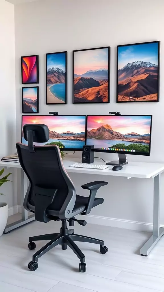 A stylish office setup featuring dual monitors with matching backgrounds, a comfortable chair, and plants.