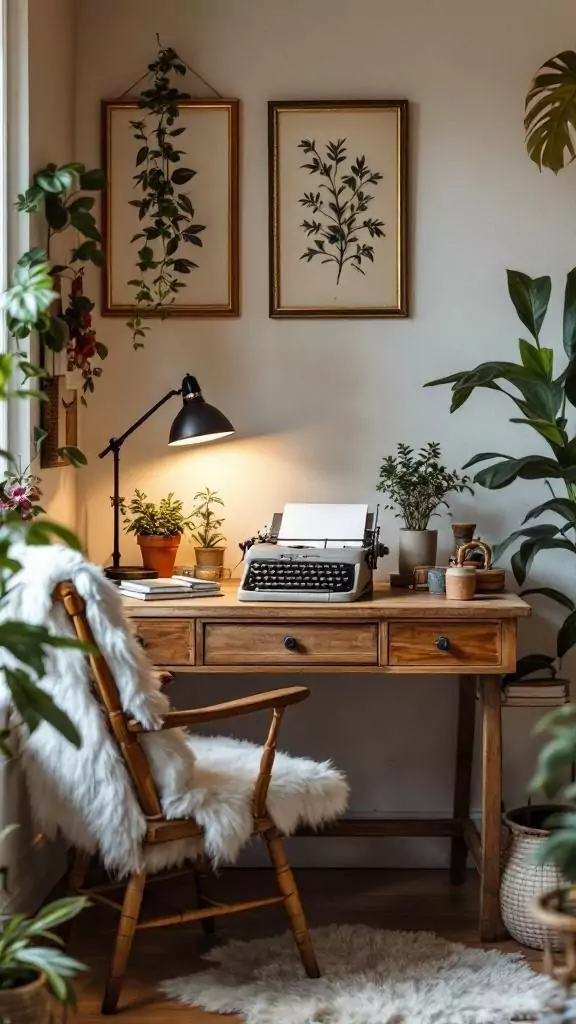 A vintage workspace featuring a typewriter, plants, and warm lighting.