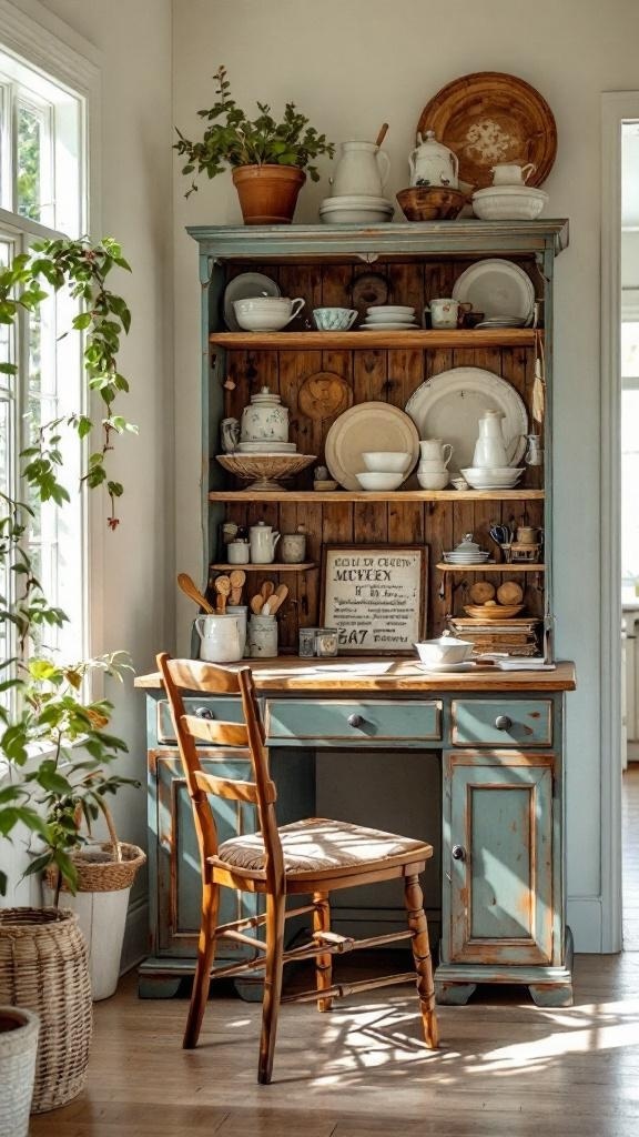 A vintage kitchen desk with hutch storage, featuring decorative dishes and plants.