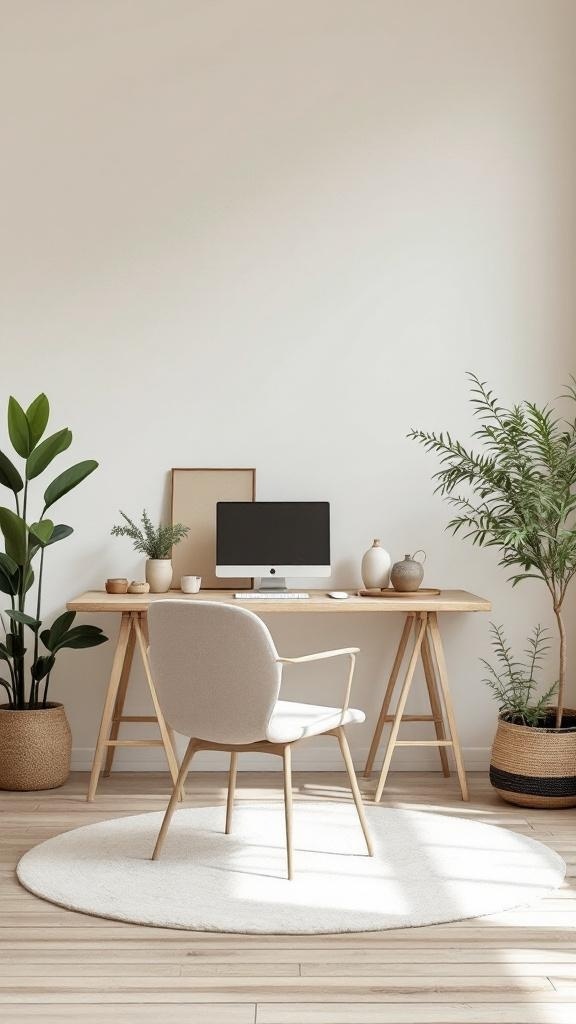 A serene office space featuring a wooden desk, a comfortable chair, and plants, embodying the Wabi-Sabi aesthetic.