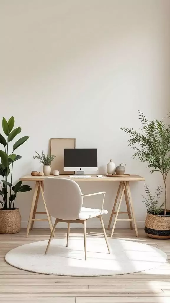 A serene office space featuring a wooden desk, a comfortable chair, and plants, embodying the Wabi-Sabi aesthetic.
