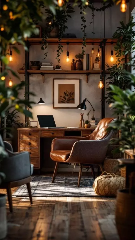 A cozy office space featuring warm wood furniture and leather seating, surrounded by plants and soft lighting.