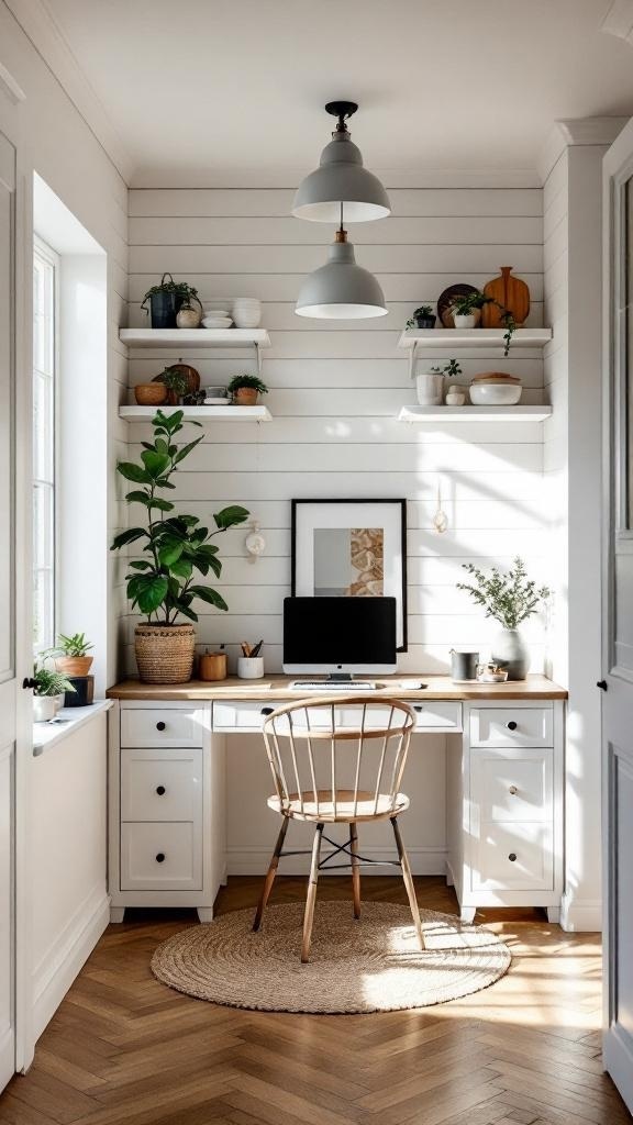 A white shiplap kitchen desk alcove with a wooden desk, chair, and plants.