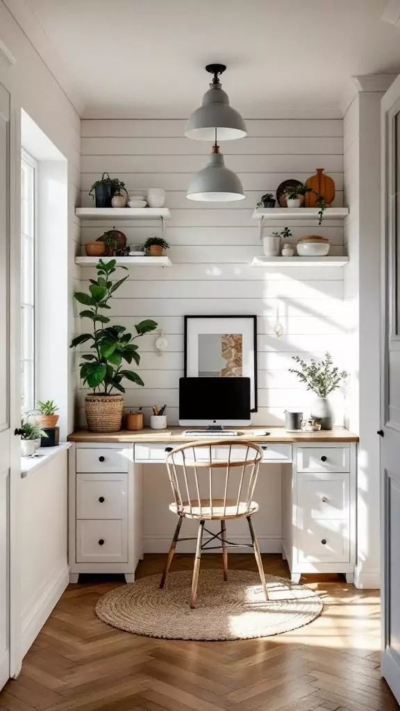 A white shiplap kitchen desk alcove with a wooden desk, chair, and plants.
