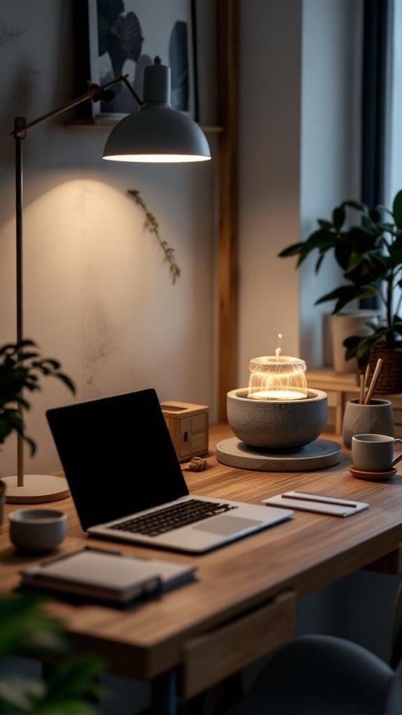 A serene desk setup featuring a laptop, a fountain, and plants for a calming workspace.