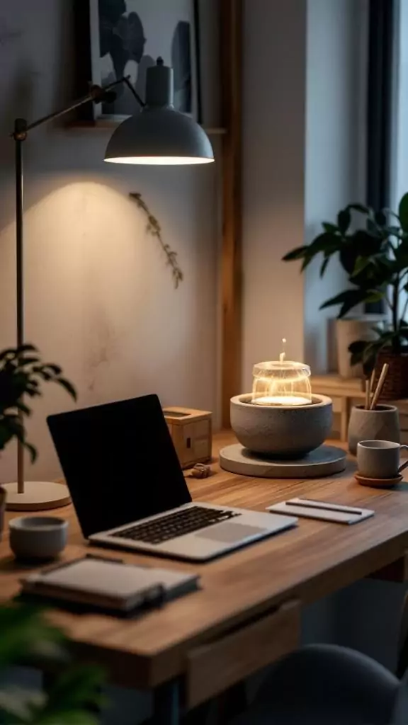 A serene desk setup featuring a laptop, a fountain, and plants for a calming workspace.