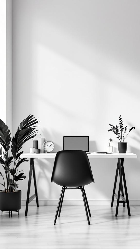 A minimalist black-and-white office setup with a desk, chair, plants, and a clock.