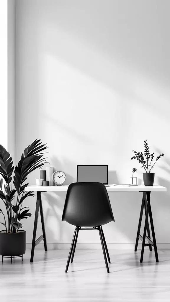 A minimalist black-and-white office setup with a desk, chair, plants, and a clock.
