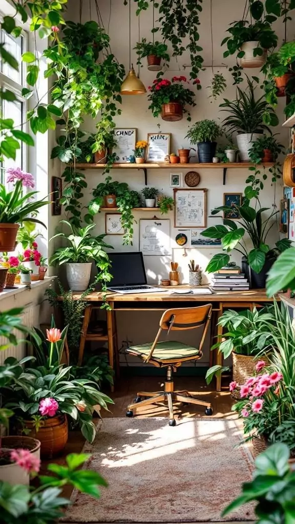 A cozy office space filled with various plants and a wooden desk.