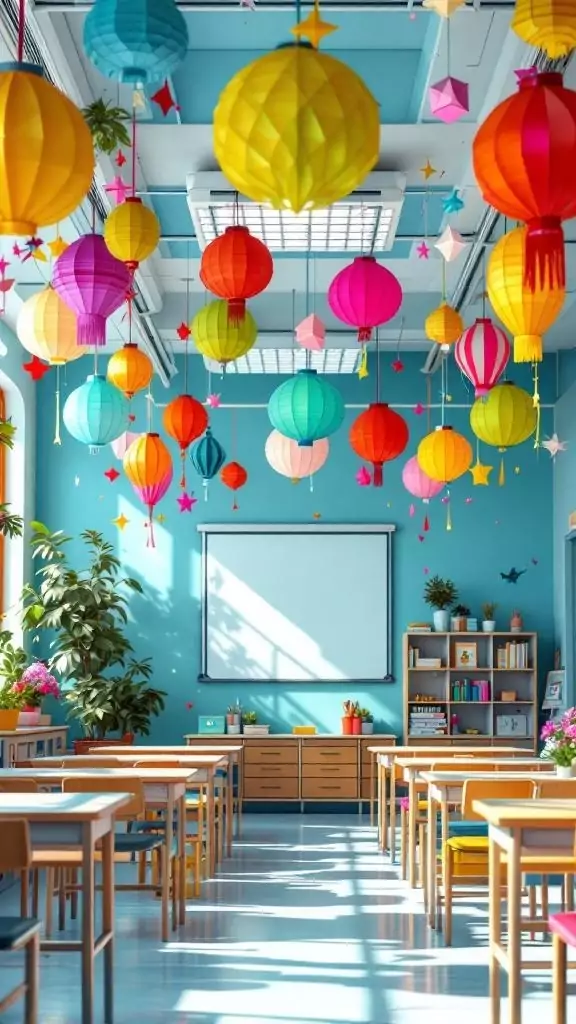 Colorful lanterns and decorations hanging from the ceiling in a bright classroom.
