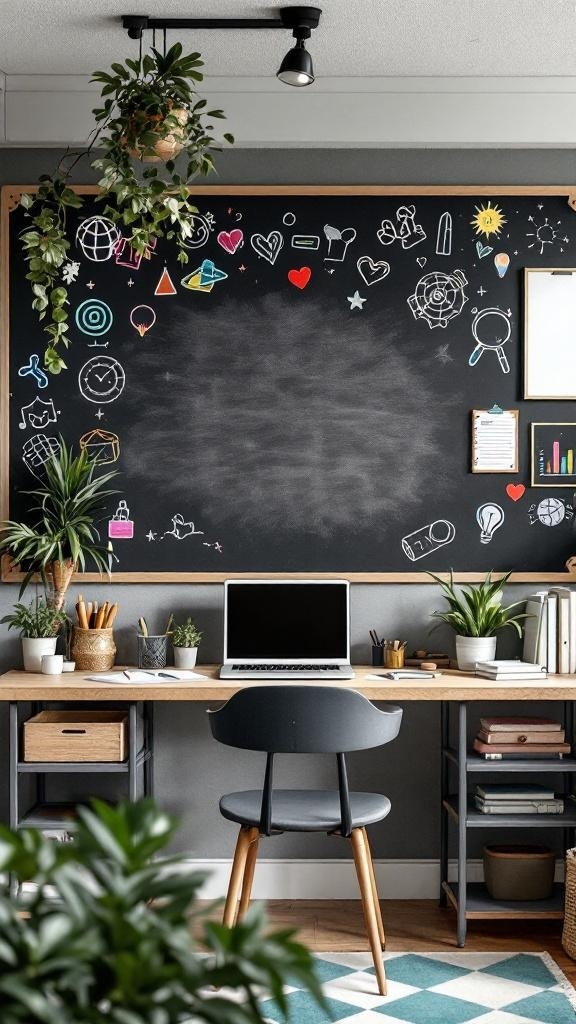 Chalkboard accent wall with colorful doodles and a workspace underneath.