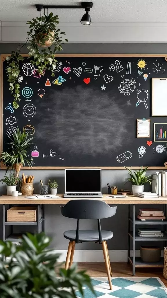 Chalkboard accent wall with colorful doodles and a workspace underneath.