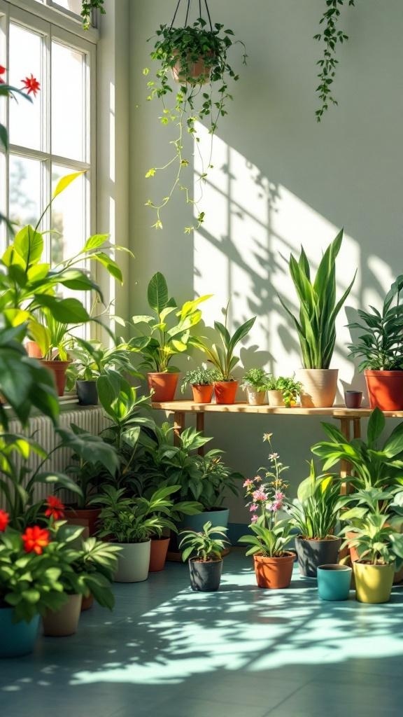 A bright classroom corner filled with various potted plants, creating a lively and inviting atmosphere.